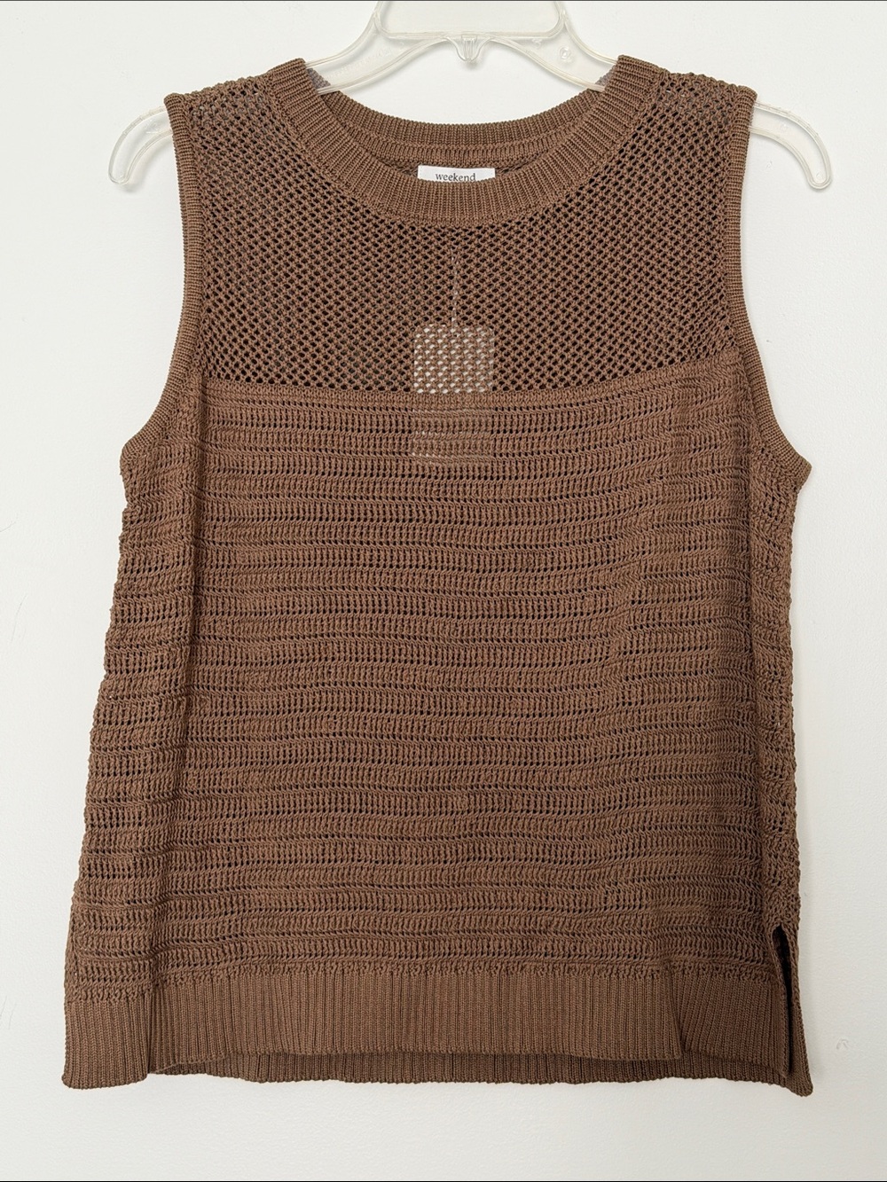 Weekend Brown Crochet Sleeveless Crew Sweater